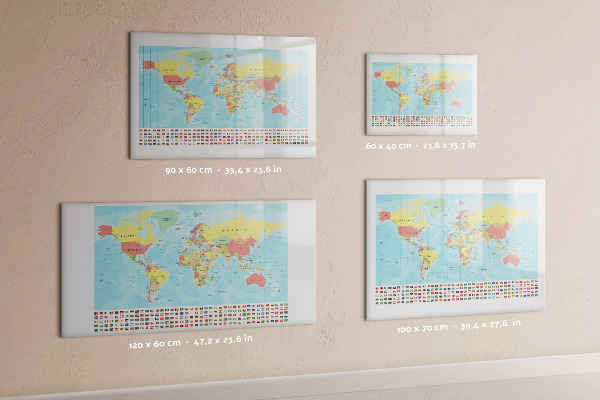 Tableau magnétique effaçable Carte du monde avec des lieux à marquer