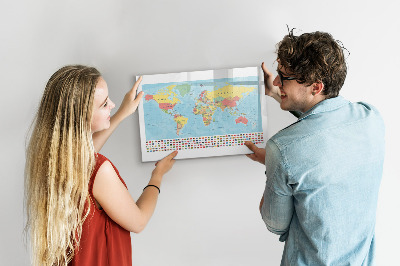 Tableau magnétique effaçable Carte du monde avec des lieux à marquer
