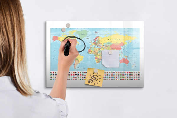 Tableau magnétique effaçable Carte du monde avec des lieux à marquer