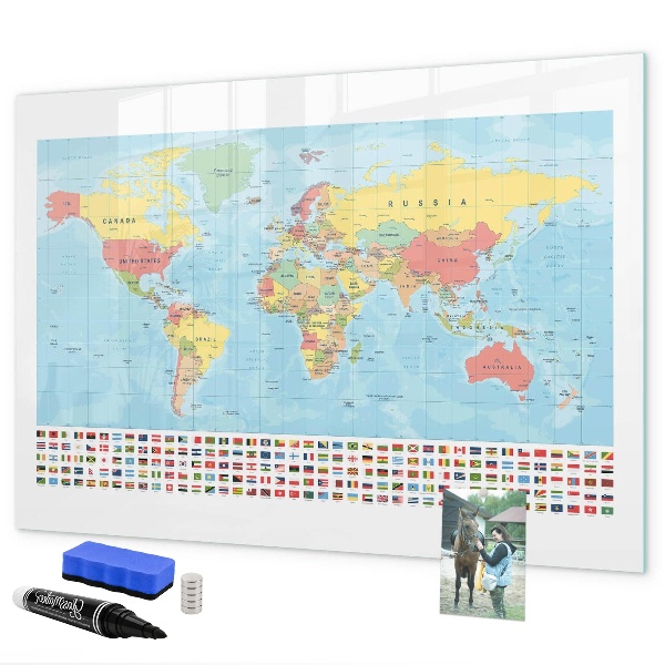 Tableau magnétique effaçable Carte du monde avec des lieux à marquer