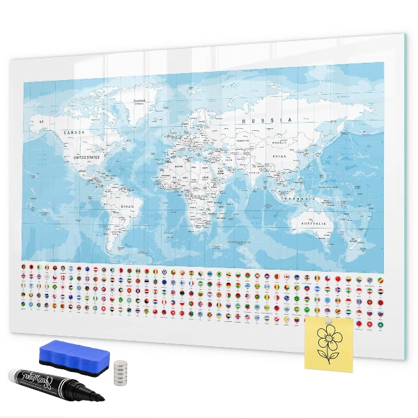 Tableau magnétique effaçable Carte du monde avec des lieux à marquer