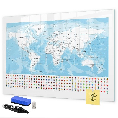 Tableau magnétique effaçable Carte du monde avec des lieux à marquer