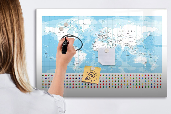 Tableau magnétique effaçable Carte du monde avec des lieux à marquer
