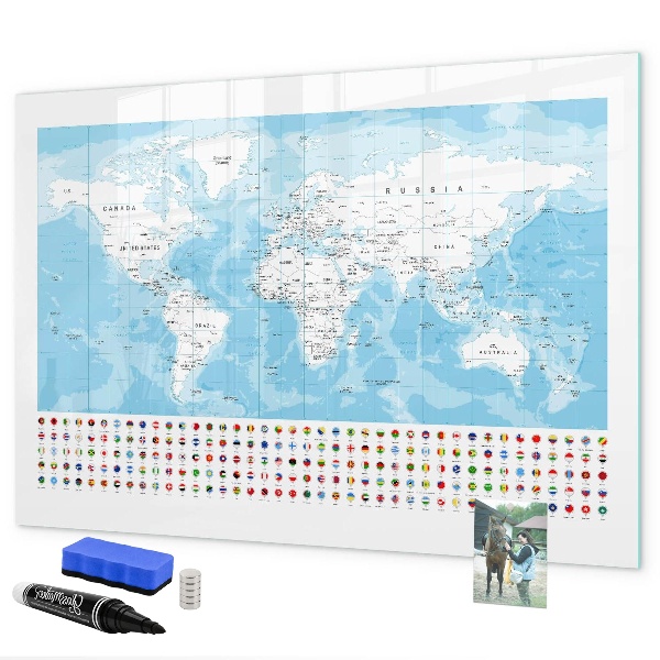 Tableau magnétique effaçable Carte du monde avec des lieux à marquer