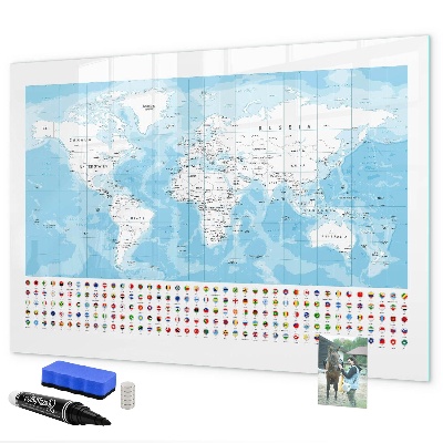Tableau magnétique effaçable Carte du monde avec des lieux à marquer