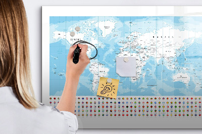 Tableau magnétique effaçable Carte du monde avec des lieux à marquer