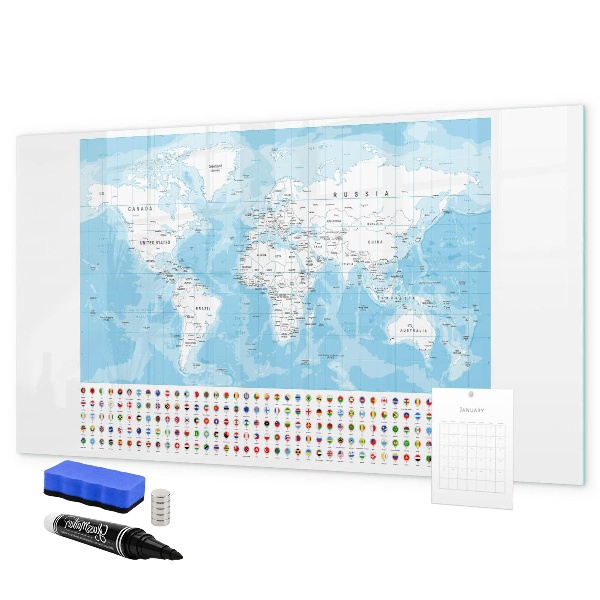 Tableau magnétique effaçable Carte du monde avec des lieux à marquer
