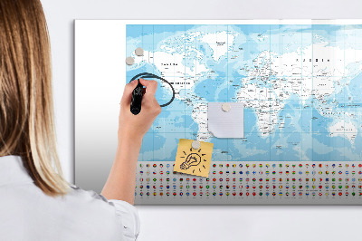 Tableau magnétique effaçable Carte du monde avec des lieux à marquer