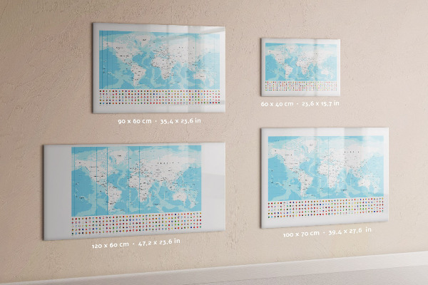 Tableau magnétique effaçable Carte du monde avec des lieux à marquer