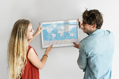 Tableau magnétique effaçable Carte du monde avec des lieux à marquer