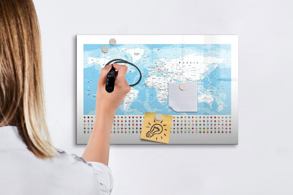 Tableau magnétique effaçable Carte du monde avec des lieux à marquer