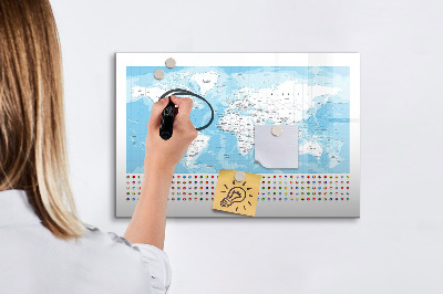 Tableau magnétique effaçable Carte du monde avec des lieux à marquer