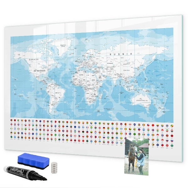 Tableau magnétique effaçable Carte du monde avec des lieux à marquer