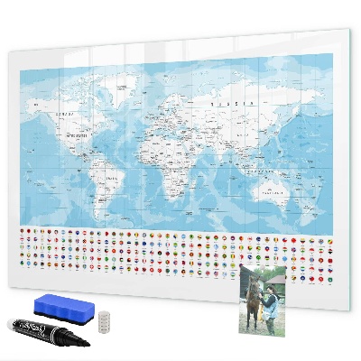 Tableau magnétique effaçable Carte du monde avec des lieux à marquer
