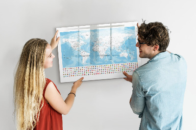 Tableau magnétique effaçable Carte du monde avec des lieux à marquer