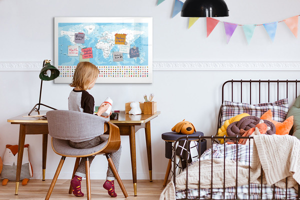 Tableau magnétique effaçable Carte du monde avec des lieux à marquer