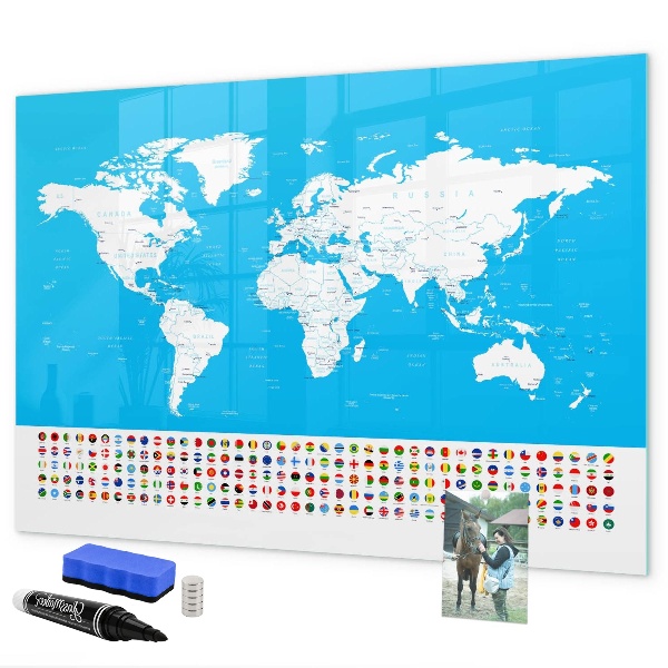 Tableau magnétique effaçable Carte du monde avec emplacements de photos