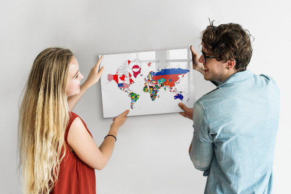 Tableau magnétique effaçable Carte du monde avec emplacements de photos