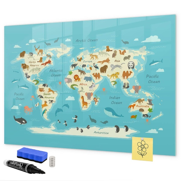 Tableau magnétique effaçable Carte du monde avec illustrations et photos