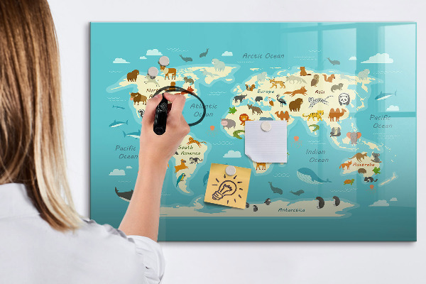 Tableau magnétique effaçable Carte du monde avec illustrations et photos