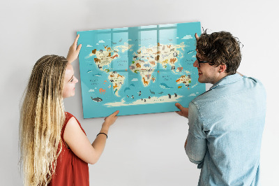 Tableau magnétique effaçable Carte du monde avec illustrations et photos