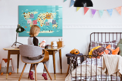 Tableau magnétique effaçable Carte du monde avec illustrations et photos
