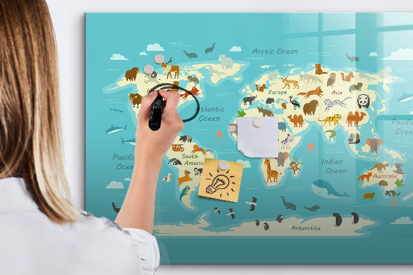 Tableau magnétique effaçable Carte du monde avec illustrations et photos