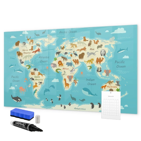 Tableau magnétique effaçable Carte du monde avec illustrations et photos