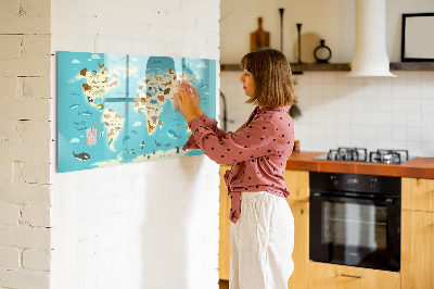 Tableau magnétique effaçable Carte du monde avec illustrations et photos