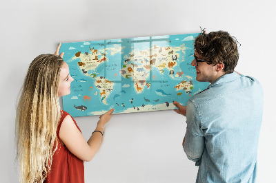 Tableau magnétique effaçable Carte du monde avec illustrations et photos