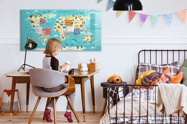 Tableau magnétique effaçable Carte du monde avec illustrations et photos
