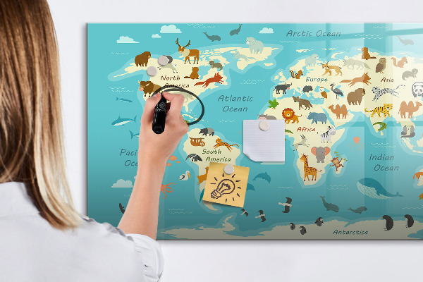 Tableau magnétique effaçable Carte du monde avec illustrations et photos