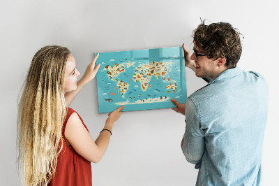 Tableau magnétique effaçable Carte du monde avec illustrations et photos