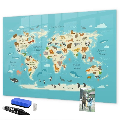 Tableau magnétique effaçable Carte du monde avec illustrations et photos