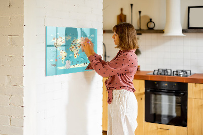 Tableau magnétique effaçable Carte du monde avec illustrations et photos