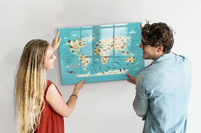 Tableau magnétique effaçable Carte du monde avec illustrations et photos
