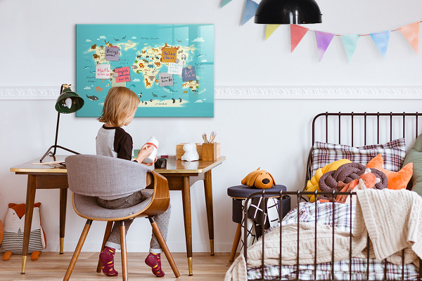 Tableau magnétique effaçable Carte du monde avec illustrations et photos