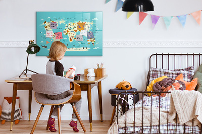 Tableau magnétique effaçable Carte du monde avec illustrations et photos