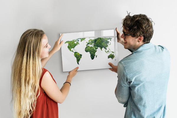 Tableau effaçable magnétique Carte du monde verte avec photos