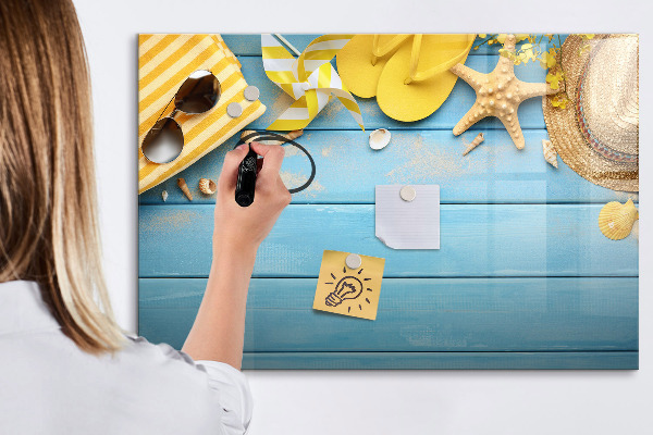 Tableau effaçable magnétique Souvenirs d'été sur fond bleu
