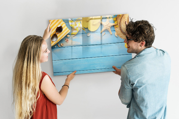 Tableau effaçable magnétique Souvenirs d'été sur fond bleu