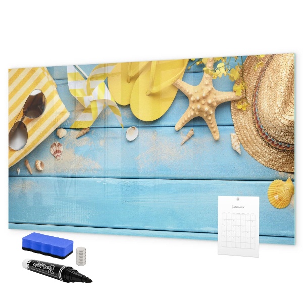 Tableau effaçable magnétique Souvenirs d'été sur fond bleu