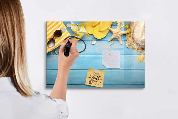 Tableau effaçable magnétique Souvenirs d'été sur fond bleu