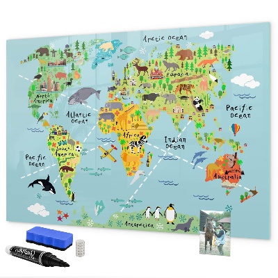 Tableau magnétique effaçable Carte du monde avec emplacements de photos