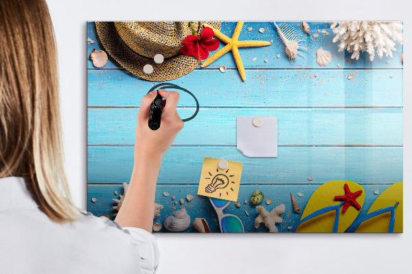 Tableau effaçable magnétique Souvenirs d'été sur fond bleu