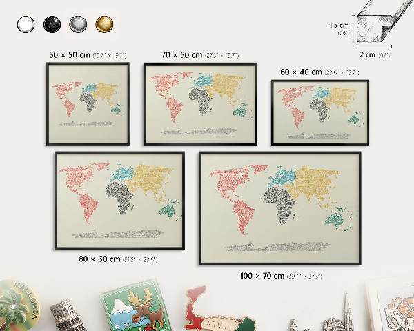 Tableau magnétique encadré de couleur noire Carte du monde