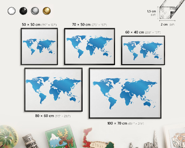 Tableau magnétique encadré de couleur noire Carte du monde