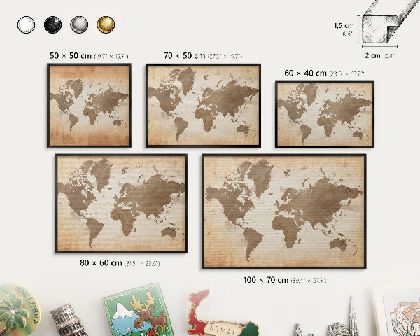 Panneau pour aimants souvenirs cadre noir Carte du monde