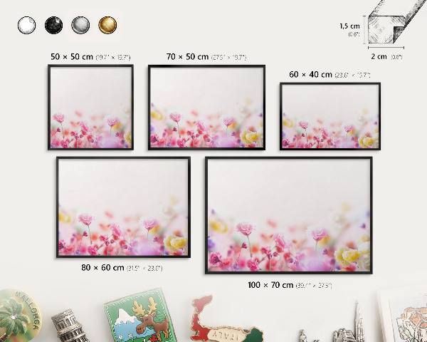 Tableau magnétique encadré de couleur noire Fleurs pastel