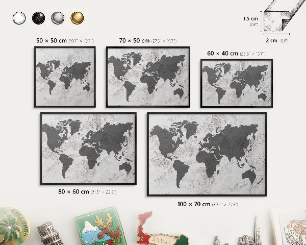 Panneau pour aimants souvenirs cadre noir Carte du monde